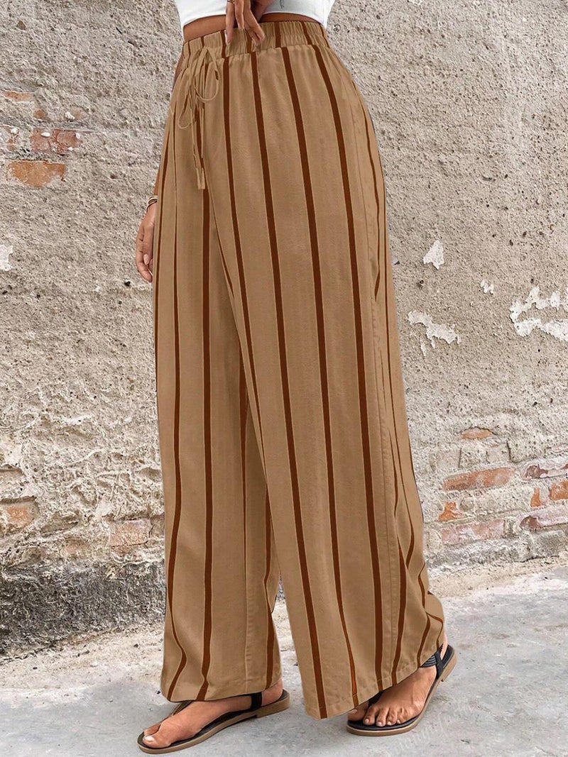 Acelitt Women's Casual Striped Loose Wide Leg Pants Drawstring Elastic High Waisted 2026 Summer Fashion Beach Pants Trousers Beige XXL - Image 3