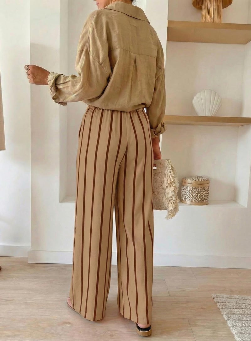 Acelitt Women's Casual Striped Loose Wide Leg Pants Drawstring Elastic High Waisted 2026 Summer Fashion Beach Pants Trousers Beige XXL - Image 5