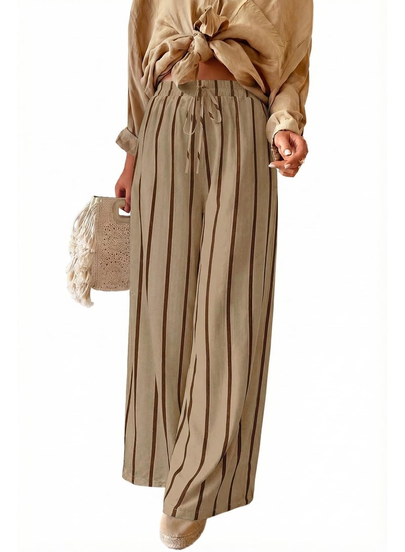 Acelitt Women's Casual Striped Loose Wide Leg Pants Drawstring Elastic High Waisted 2026 Summer Fashion Beach Pants Trousers Beige XXL - Image 1