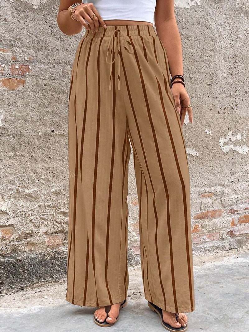 Acelitt Women's Casual Striped Loose Wide Leg Pants Drawstring Elastic High Waisted 2026 Summer Fashion Beach Pants Trousers Beige XXL - Image 2