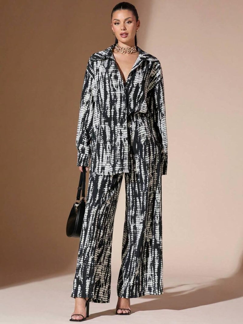 Trendy Queen Black White Printed Co Ord Set Women Shirt Palazzo Outfit Button Down Top High Waist Wide Leg Pants Casual Office Party Summer Style - Image 2
