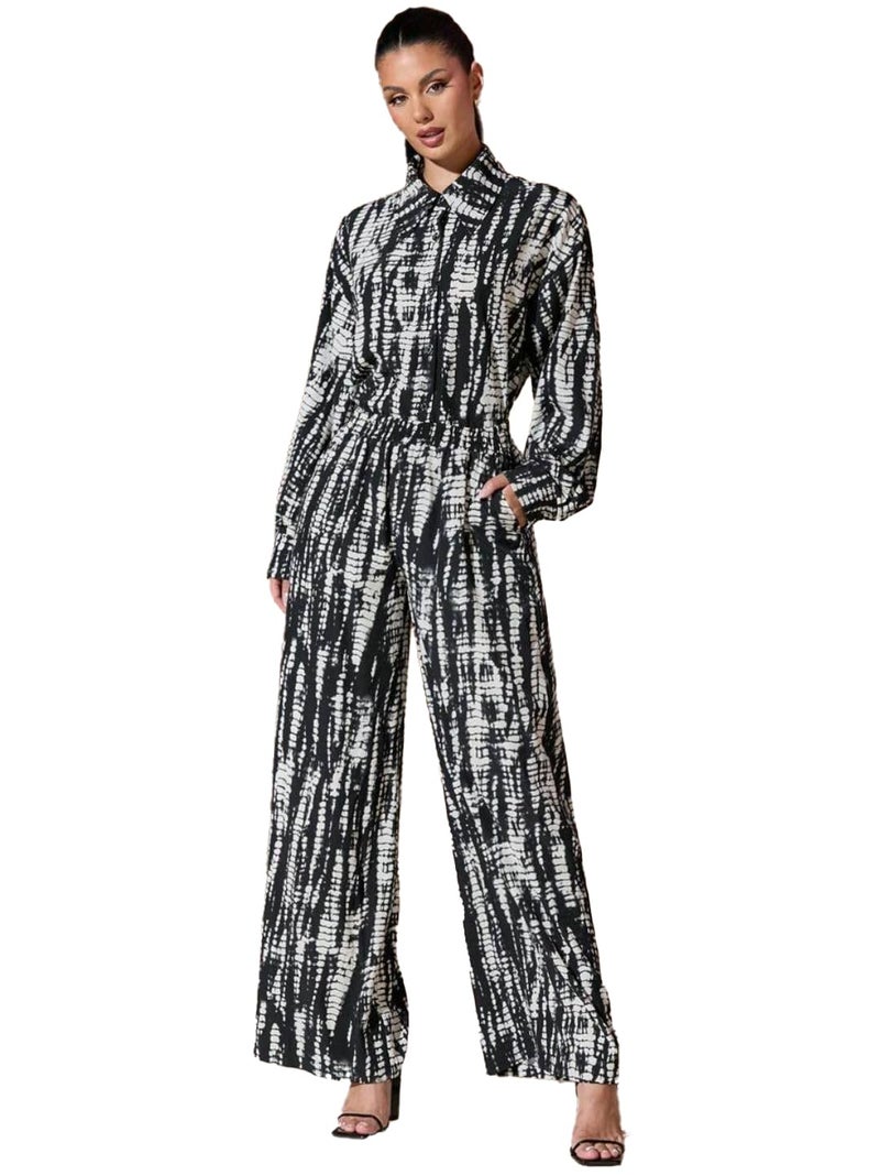 Trendy Queen Black White Printed Co Ord Set Women Shirt Palazzo Outfit Button Down Top High Waist Wide Leg Pants Casual Office Party Summer Style - Image 5