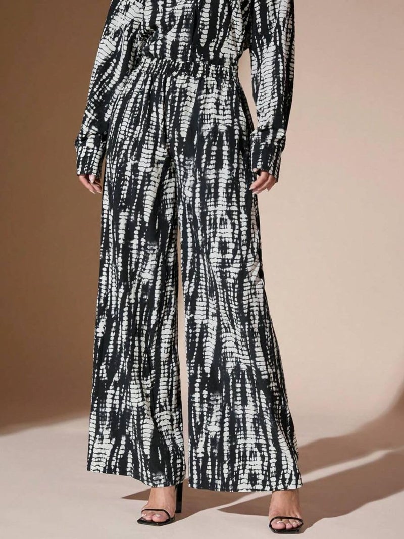 Trendy Queen Black White Printed Co Ord Set Women Shirt Palazzo Outfit Button Down Top High Waist Wide Leg Pants Casual Office Party Summer Style - Image 4