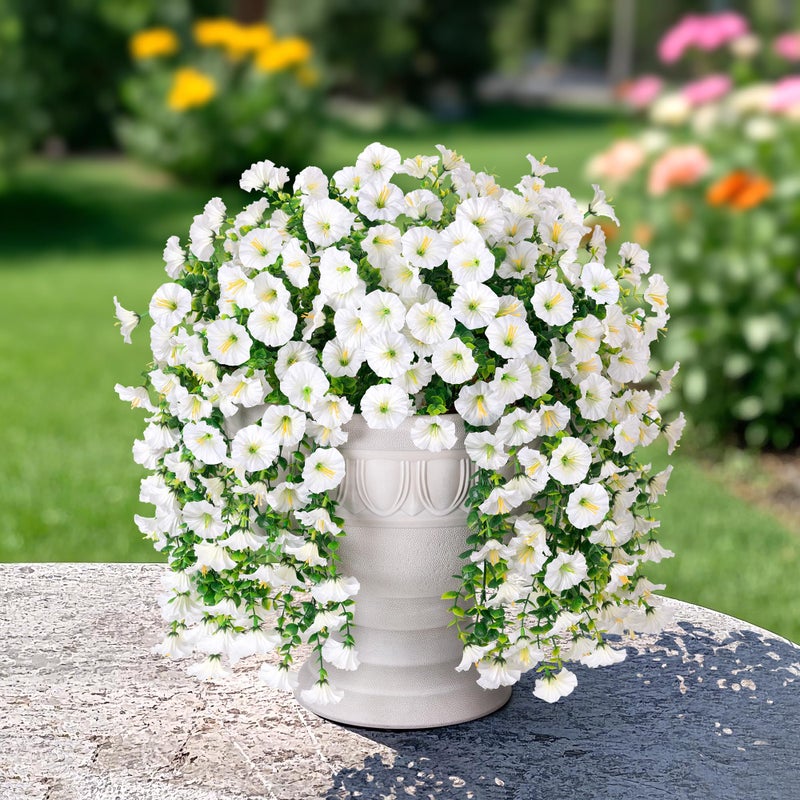 HyeFlora Artificial Faux Hanging Flowers Plants for Outdoor Decor,2 PCS Fake Silk Morning Glory with Eucalyptus UV Resistant Realistic Trailing Vines for Wall Home Porch Patio Balcony Yard Indoor Decor,White - Image 5