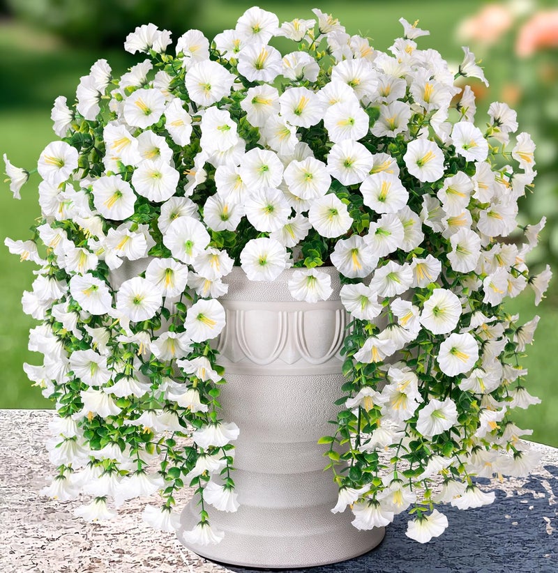 HyeFlora Artificial Faux Hanging Flowers Plants for Outdoor Decor,2 PCS Fake Silk Morning Glory with Eucalyptus UV Resistant Realistic Trailing Vines for Wall Home Porch Patio Balcony Yard Indoor Decor,White - Image 1