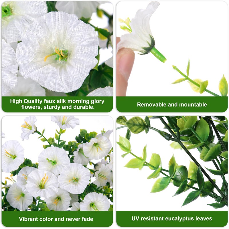 HyeFlora Artificial Faux Hanging Flowers Plants for Outdoor Decor,2 PCS Fake Silk Morning Glory with Eucalyptus UV Resistant Realistic Trailing Vines for Wall Home Porch Patio Balcony Yard Indoor Decor,White - Image 2