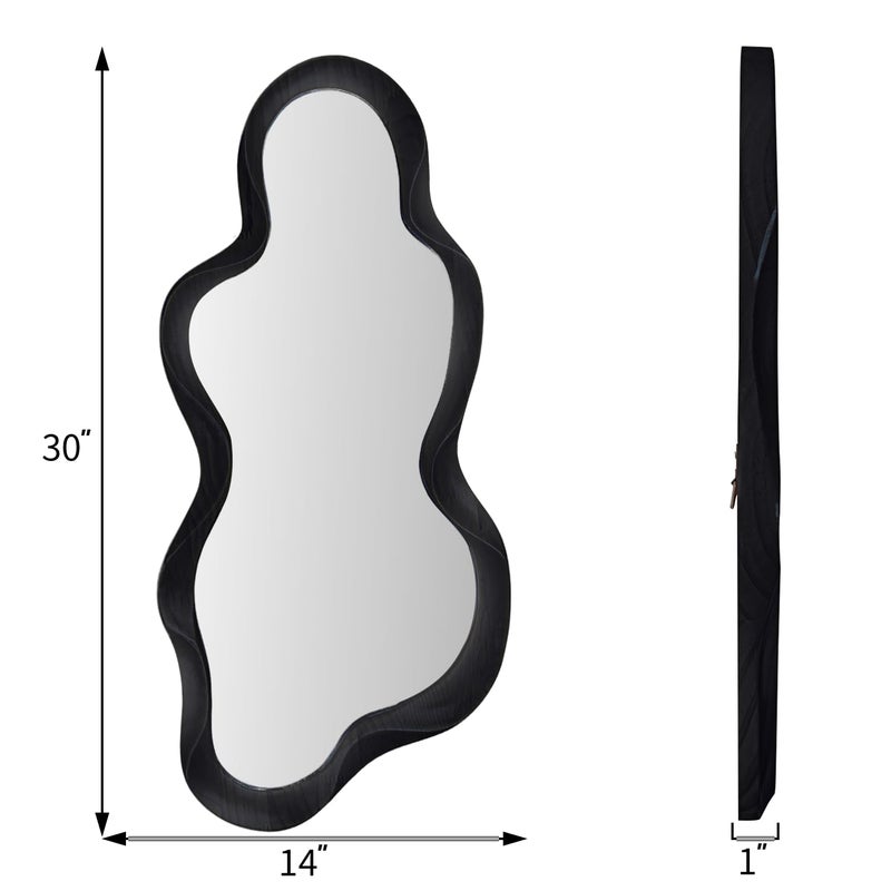 osemy 30"x 14" Irregular Wall Mirror, Wooden Black Framed Wall Asymmetrical Wavy Mirror for Living Room Bedroom Entryway Bathroom Modern Decorative with Hanging Hooks - Image 3