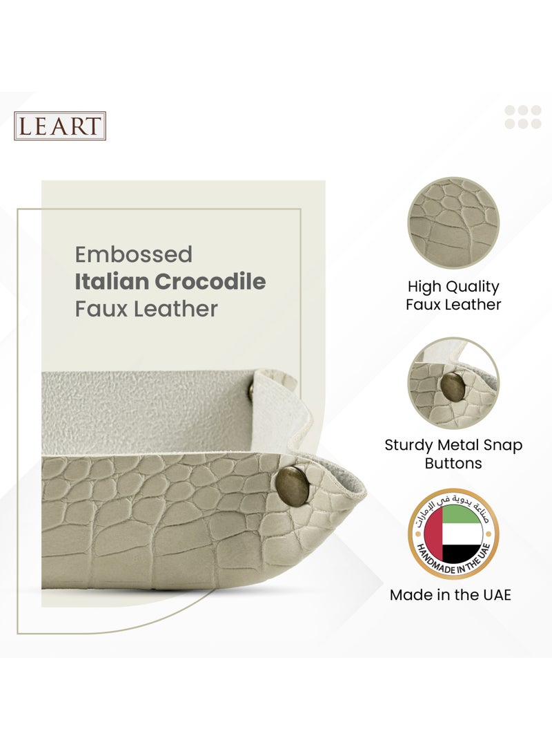 LeArt Leather Valet Tray - Small & Compact Catchall Tray | Desk, Bedside, Home Entrance Entryway Organizer | Leather Tray for Keys, Coins, Stationary, Jewellery (Cream | Crocodile Texture)  - Image 2