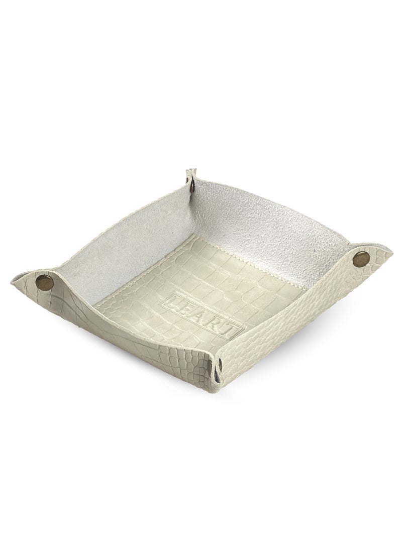 LeArt Leather Valet Tray - Small & Compact Catchall Tray | Desk, Bedside, Home Entrance Entryway Organizer | Leather Tray for Keys, Coins, Stationary, Jewellery (Cream | Crocodile Texture)  - Image 1