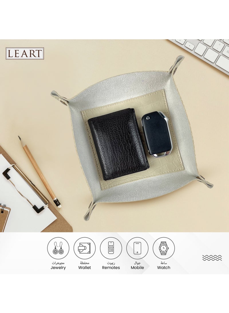 LeArt Leather Valet Tray - Small & Compact Catchall Tray | Desk, Bedside, Home Entrance Entryway Organizer | Leather Tray for Keys, Coins, Stationary, Jewellery (Cream | Crocodile Texture)  - Image 4