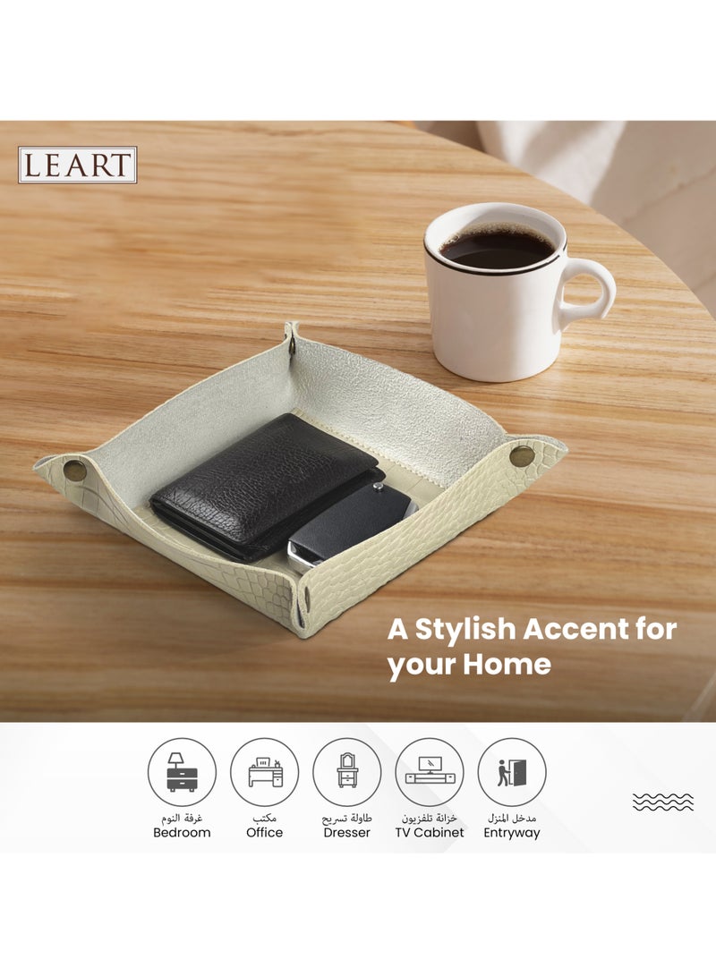 LeArt Leather Valet Tray - Small & Compact Catchall Tray | Desk, Bedside, Home Entrance Entryway Organizer | Leather Tray for Keys, Coins, Stationary, Jewellery (Cream | Crocodile Texture)  - Image 3