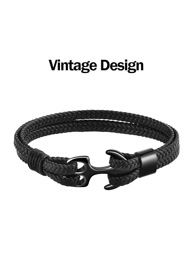 erorex Unisex Handmade Bracelet Multilayer Black Braided Bracelet Vintage Anchor Cuff Bracelet Cuff Wrap Rope Wristband Friendship Bracelet For Men And Women - Image 2
