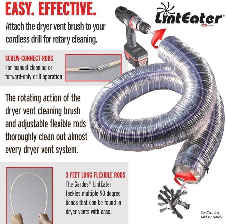 Gardus RLE30 LintEater Rotary Dryer Vent Cleaning System, Removes Lint, Extends Up to 30’ - Image 3