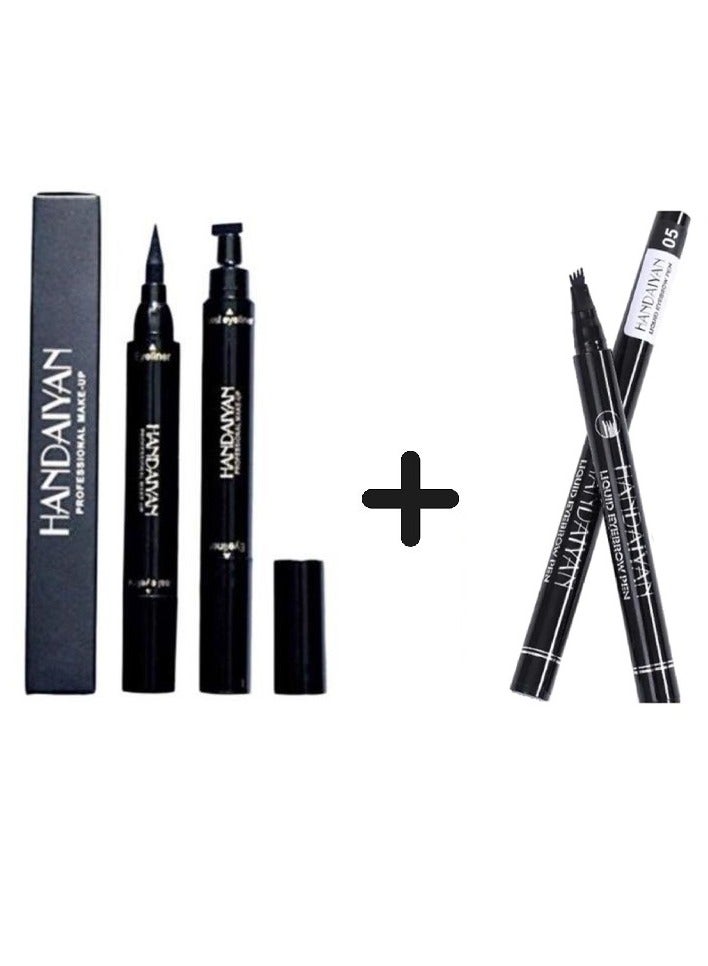 هاندايان طقم قلم تحديد العيون مزدوج الأطراف بغطاء إغلاق أسود + قلم حواجب مضاد للماء ومزود بـ 4 رؤوس للرسم بدقة 5 - Image 1