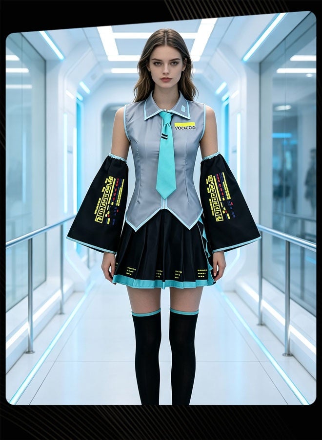 Joychic Girls Summer Sleeveless Top Necktie Pleated Skirt Belt Arm Sleeves Socks and Tattoo Sticker for Stage Performance Hatsune Miku Cosplay Set - Image 1