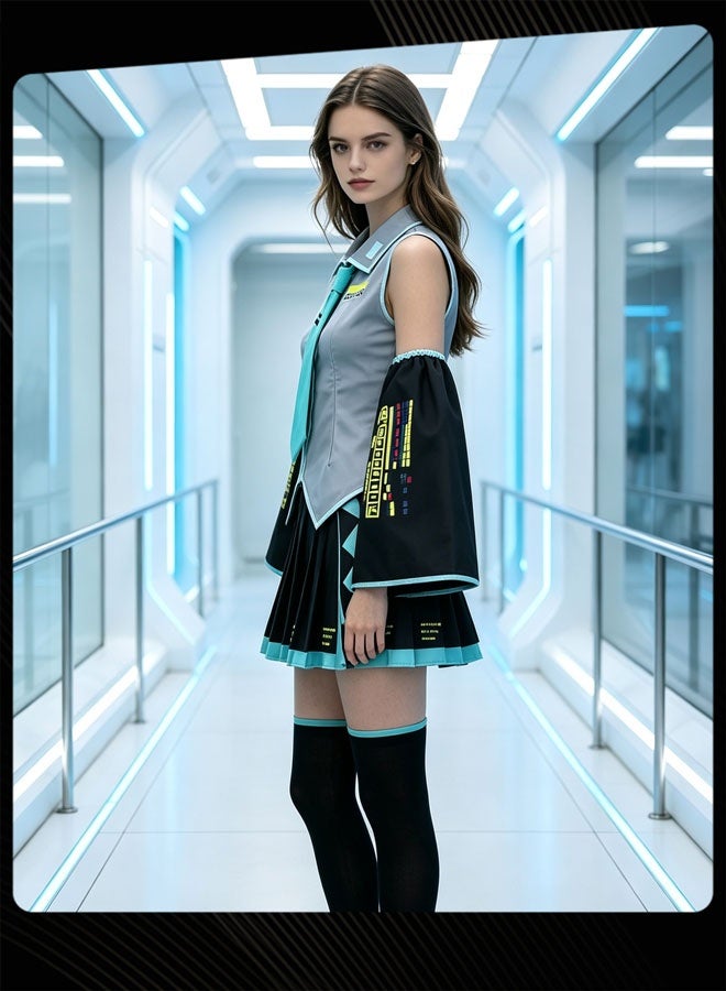 Joychic Girls Summer Sleeveless Top Necktie Pleated Skirt Belt Arm Sleeves Socks and Tattoo Sticker for Stage Performance Hatsune Miku Cosplay Set - Image 2