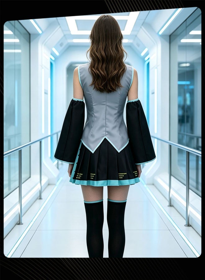 Joychic Girls Summer Sleeveless Top Necktie Pleated Skirt Belt Arm Sleeves Socks and Tattoo Sticker for Stage Performance Hatsune Miku Cosplay Set - Image 3