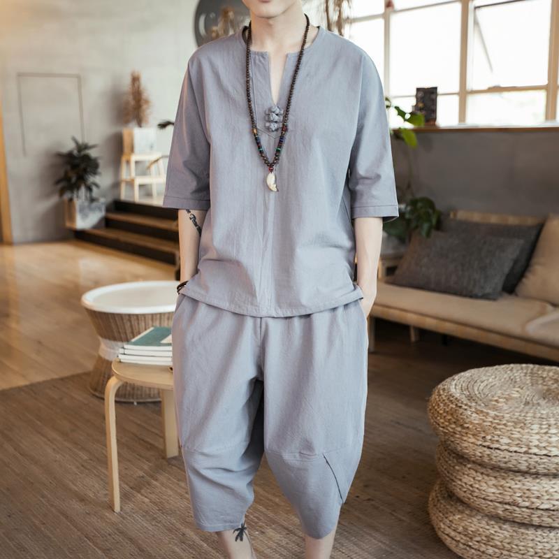 Mens Retro Chinese Style Tang Suit T-shirt Set Light gray 