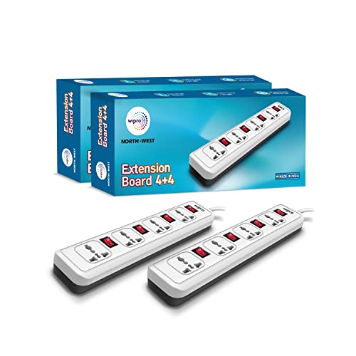 Wipro 4+4 Extension Board | 4 Universal Socket with 4 Switches | 2 Meter Long Cord | Child Safety | Auto Cutoff | Fire Resistant | Multiplug Socket for Home, Office | Pack of 2 | White - Image 1