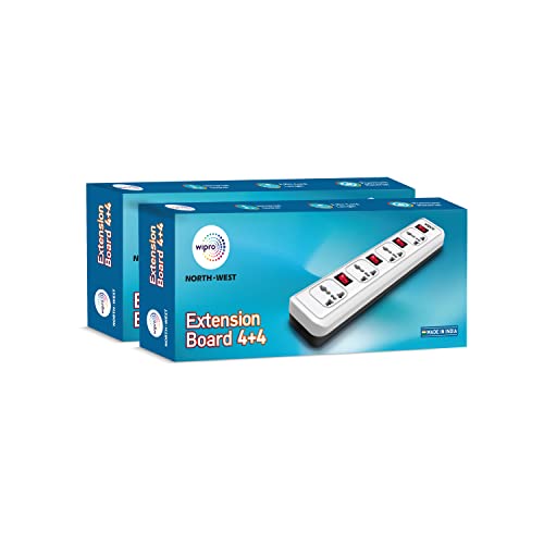 Wipro 4+4 Extension Board | 4 Universal Socket with 4 Switches | 2 Meter Long Cord | Child Safety | Auto Cutoff | Fire Resistant | Multiplug Socket for Home, Office | Pack of 2 | White - Image 3