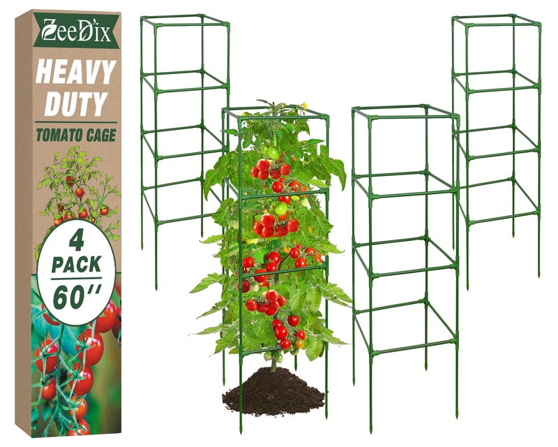 ZeeDix 4 Pack Tomato Cages for Garden 60 Inches, Heavy Duty Square Adjustable Tomato Trellis Cage Climbing Plant Support Trellis Plant Cages for Climbing Vegetables Flowers with 40Pcs Clips - Image 1