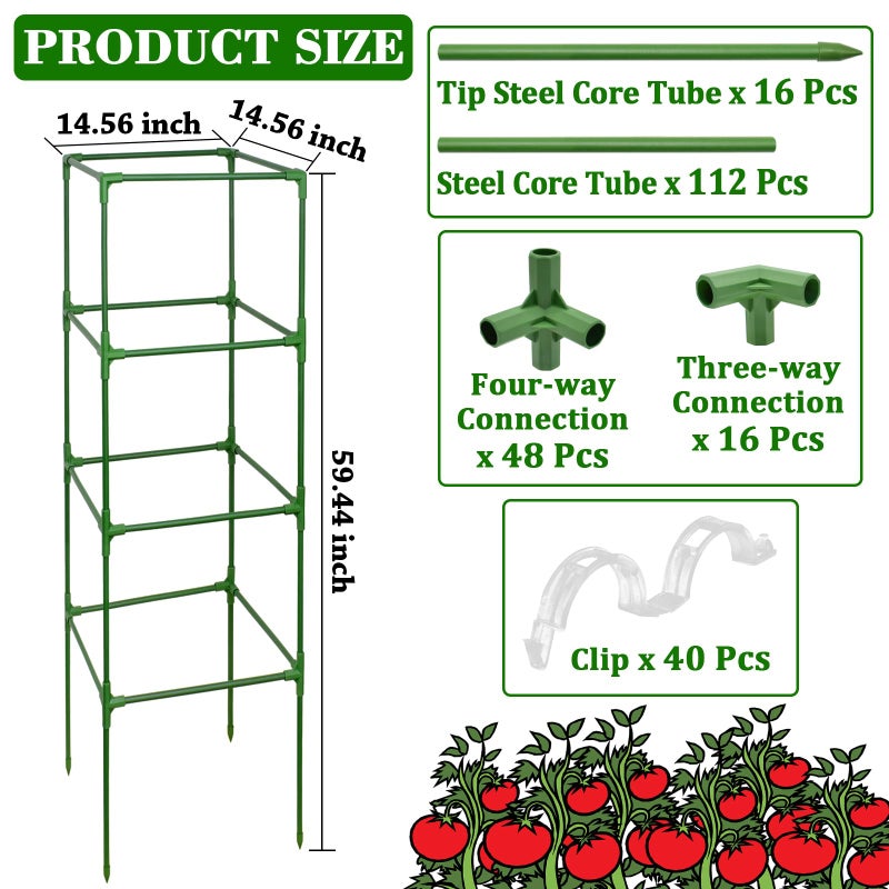 ZeeDix 4 Pack Tomato Cages for Garden 60 Inches, Heavy Duty Square Adjustable Tomato Trellis Cage Climbing Plant Support Trellis Plant Cages for Climbing Vegetables Flowers with 40Pcs Clips - Image 2