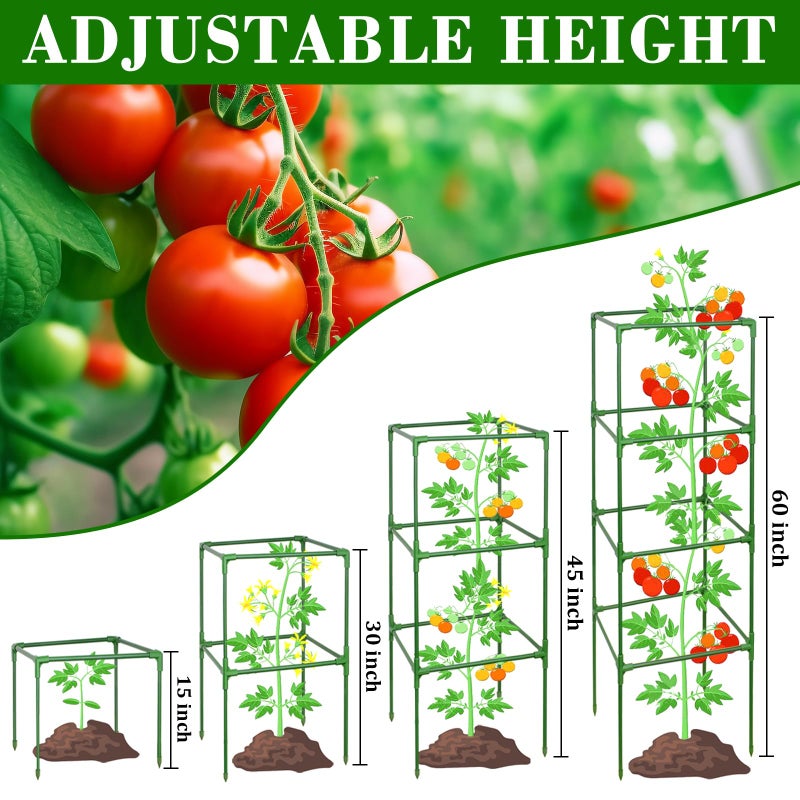 ZeeDix 4 Pack Tomato Cages for Garden 60 Inches, Heavy Duty Square Adjustable Tomato Trellis Cage Climbing Plant Support Trellis Plant Cages for Climbing Vegetables Flowers with 40Pcs Clips - Image 3