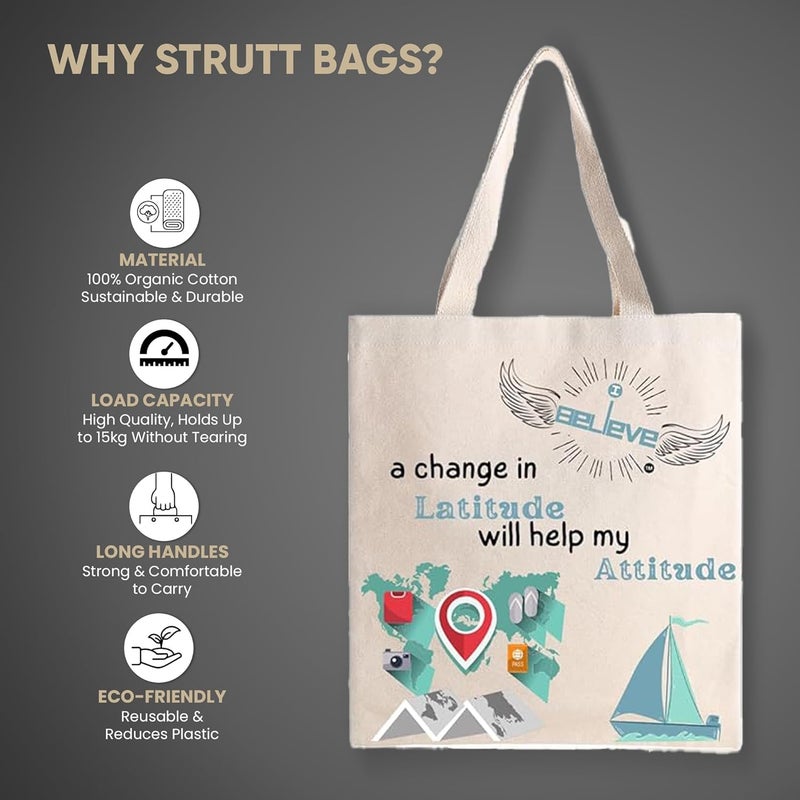 STRUTT Foldable Canvas Tote Bag for Women, Tote Bag for College Girls,100% Organic Cotton Reusable Shopping Bag for Grocery, Eco-Friendly Multi-Purpose Bag for Travel & Daily Use - in Lattitude - Image 2