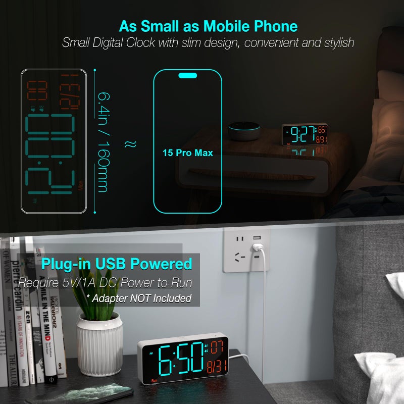 KOSUMOSU Small Digital Clock for Bedroom, 6.7in Desk Clock, Auto Dimming, Room Temperature, Day of The Week, Date, Seconds, Alarm Clocks for Bedrooms, Clocks for Living Room - Image 3