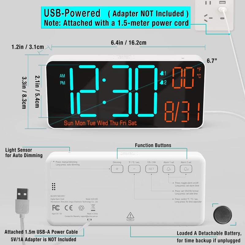 KOSUMOSU Small Digital Clock for Bedroom, 6.7in Desk Clock, Auto Dimming, Room Temperature, Day of The Week, Date, Seconds, Alarm Clocks for Bedrooms, Clocks for Living Room - Image 5