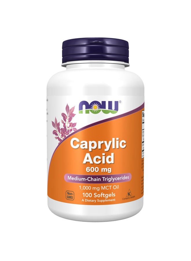 now Supplements, Caprylic Acid 600 mg, MCT (Medium-Chain Triglycerides), 100 Softgels - Image 1