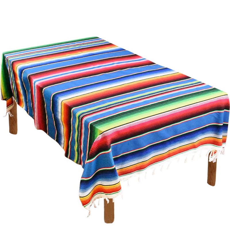 Hxezoc 59 x 84 Inch Mexican Blanket Striped Tablecloth Large Square Fringe Cotton Mexican Serape Tablecloth for Mexican Party Wedding Decorations Outdoor Table Cover Blue