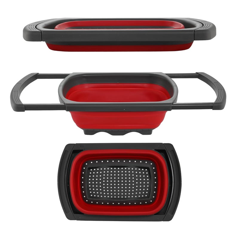 PRIME PICK Collapsible Colander with Extendable Handles Silicone ScrubOver The Sink VegetableFruit Colander StrainerHeatResistant SiliconeStackableSpaceSaving DesignPastaVegetablesRed - Image 1