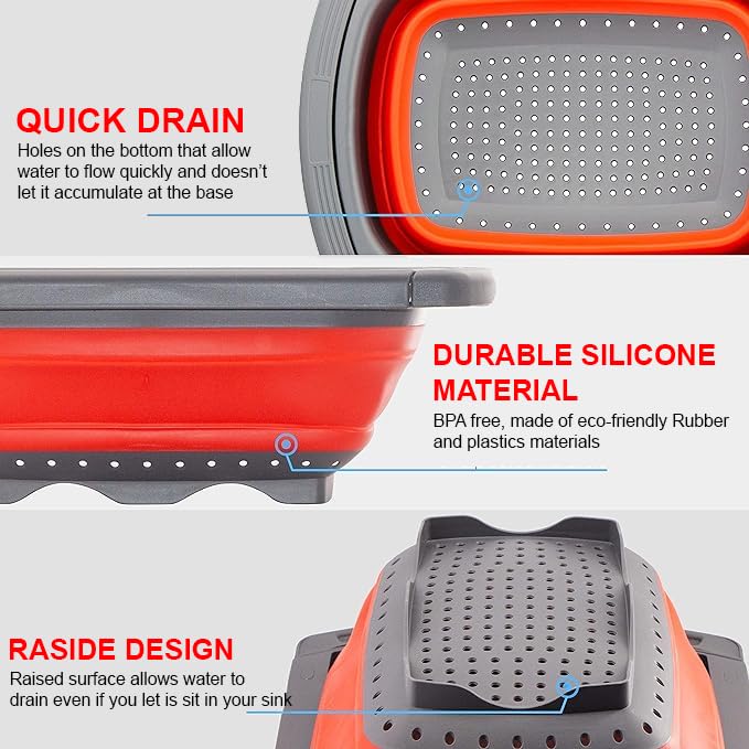 PRIME PICK Collapsible Colander with Extendable Handles Silicone ScrubOver The Sink VegetableFruit Colander StrainerHeatResistant SiliconeStackableSpaceSaving DesignPastaVegetablesRed - Image 4