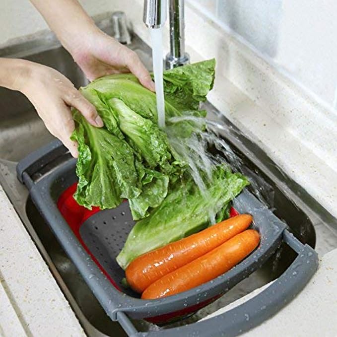 PRIME PICK Collapsible Colander with Extendable Handles Silicone ScrubOver The Sink VegetableFruit Colander StrainerHeatResistant SiliconeStackableSpaceSaving DesignPastaVegetablesRed - Image 2