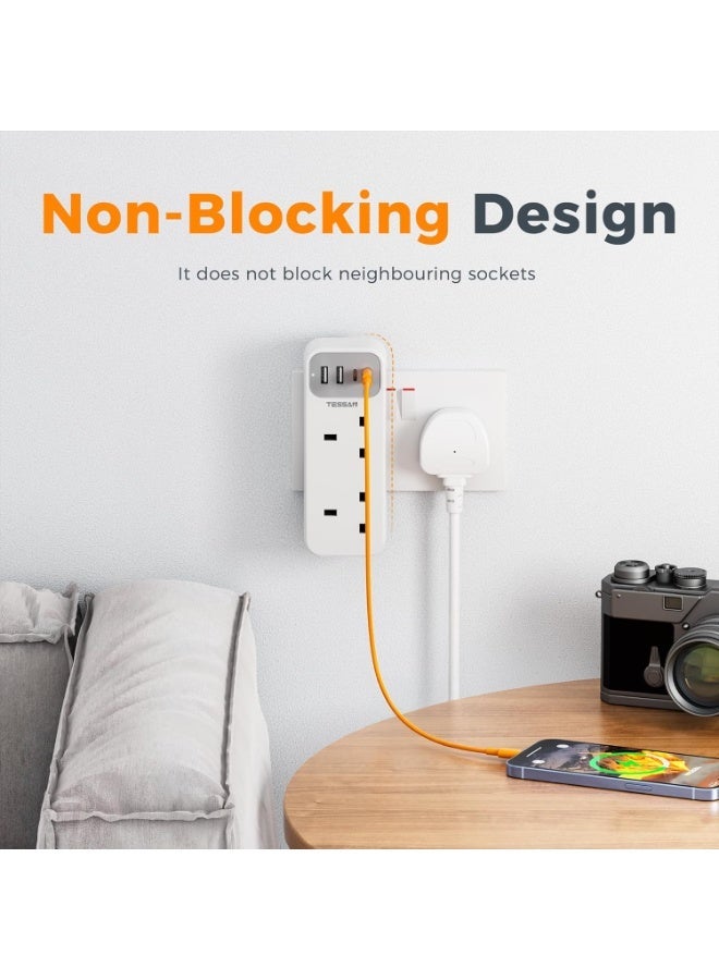 TESSAN 6-in-1 Double Plug Adaptor With 2 AC Sockets And 4 USB Ports, 2 USB-C, 13A Fuse, White - Image 4