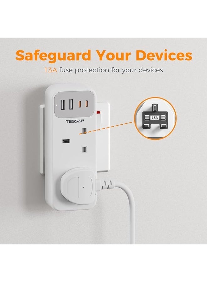 TESSAN 6-in-1 Double Plug Adaptor With 2 AC Sockets And 4 USB Ports, 2 USB-C, 13A Fuse, White - Image 5