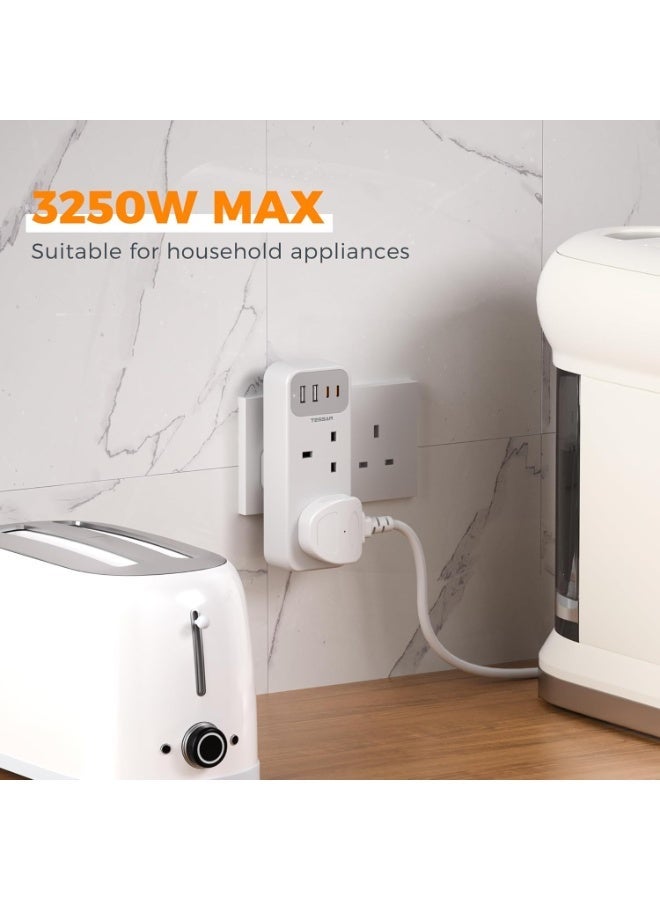 TESSAN 6-in-1 Double Plug Adaptor With 2 AC Sockets And 4 USB Ports, 2 USB-C, 13A Fuse, White - Image 2