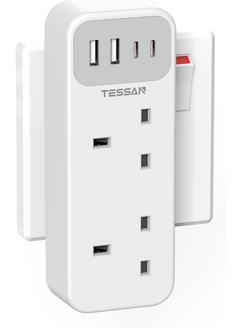 TESSAN 6-in-1 Double Plug Adaptor With 2 AC Sockets And 4 USB Ports, 2 USB-C, 13A Fuse, White - Image 1