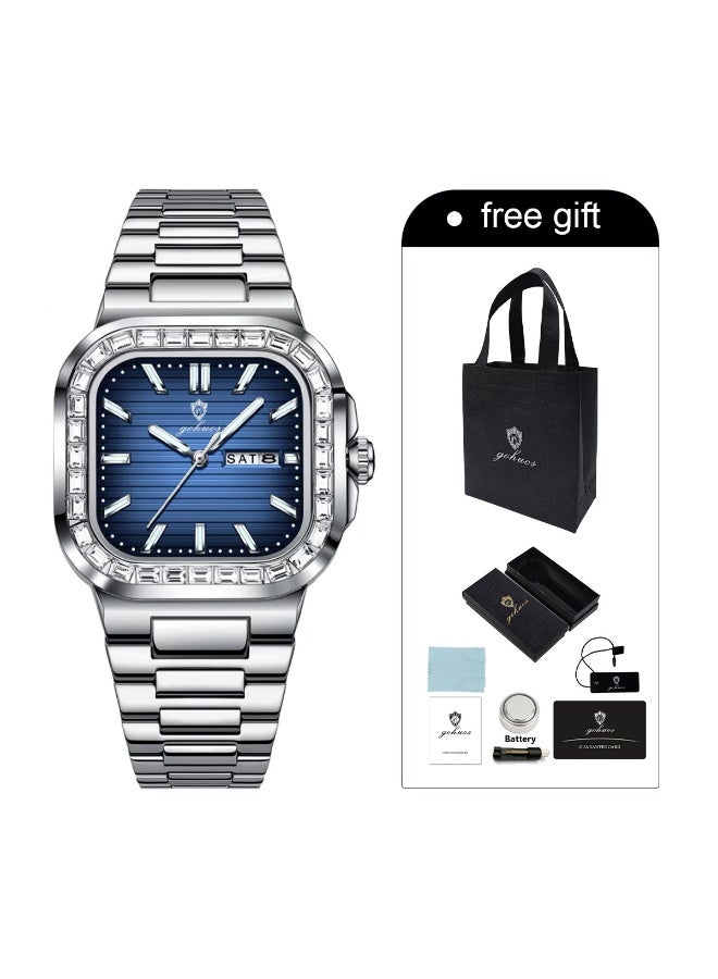 GOHUOS Men's Watch, Stainless Steel Band Waterproof Analog Date Display Quartz Luminous Square Wrist Watch - 39mm - Father or Boyfriend Gift - Image 2
