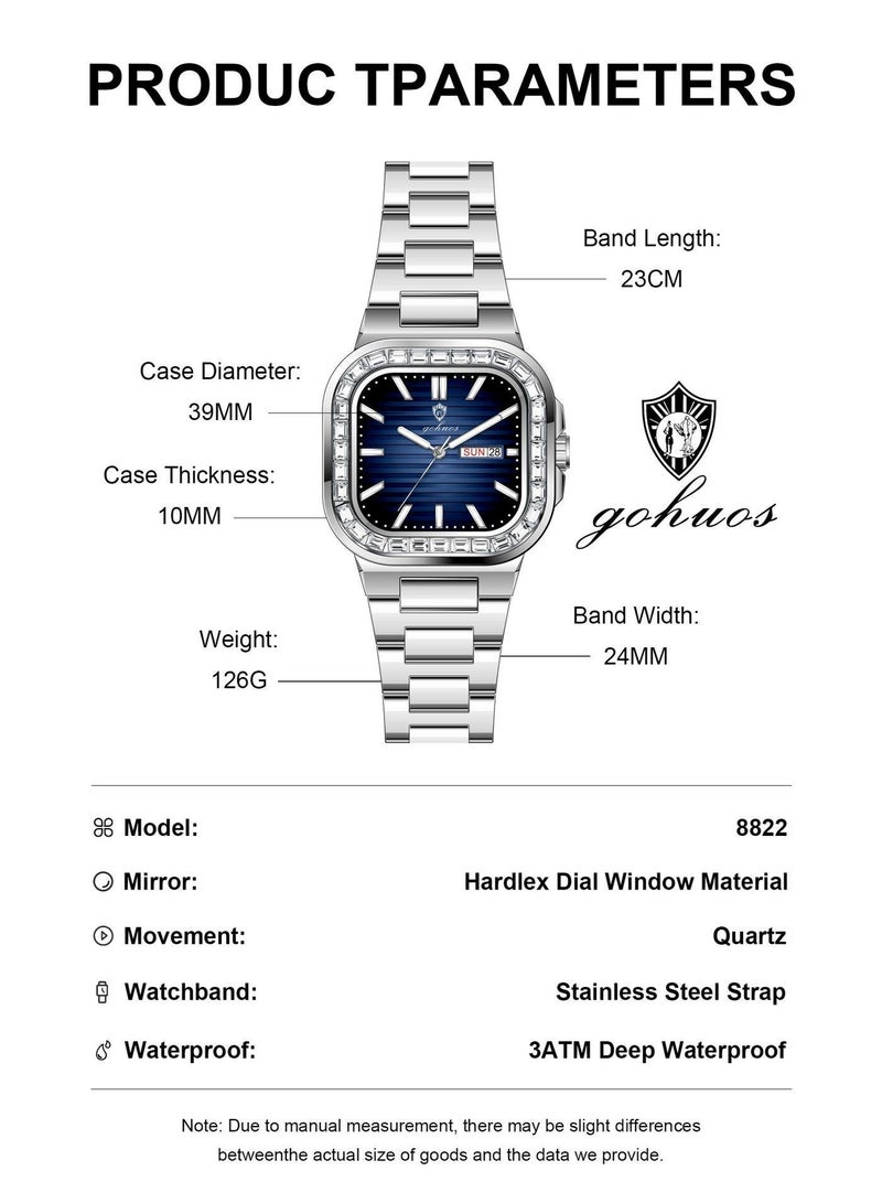 GOHUOS Men's Watch, Stainless Steel Band Waterproof Analog Date Display Quartz Luminous Square Wrist Watch - 39mm - Father or Boyfriend Gift - Image 3