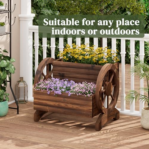 PULIJIAJU Wooden Wagon Planter Flower Cart with Wheels Garden Box Garden Planter, Decorative Planter for Flowers Herbs Vegetables for Indoor & Outdoor Décor Flower Cart for Patio Garden Balcony (Carbonized) - Image 3