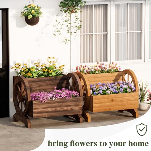 PULIJIAJU Wooden Wagon Planter Flower Cart with Wheels Garden Box Garden Planter, Decorative Planter for Flowers Herbs Vegetables for Indoor & Outdoor Décor Flower Cart for Patio Garden Balcony (Carbonized) - Image 5