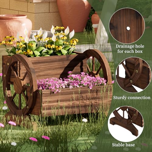 PULIJIAJU Wooden Wagon Planter Flower Cart with Wheels Garden Box Garden Planter, Decorative Planter for Flowers Herbs Vegetables for Indoor & Outdoor Décor Flower Cart for Patio Garden Balcony (Carbonized) - Image 4