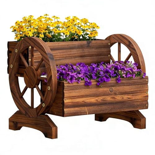 PULIJIAJU Wooden Wagon Planter Flower Cart with Wheels Garden Box Garden Planter, Decorative Planter for Flowers Herbs Vegetables for Indoor & Outdoor Décor Flower Cart for Patio Garden Balcony (Carbonized) - Image 1