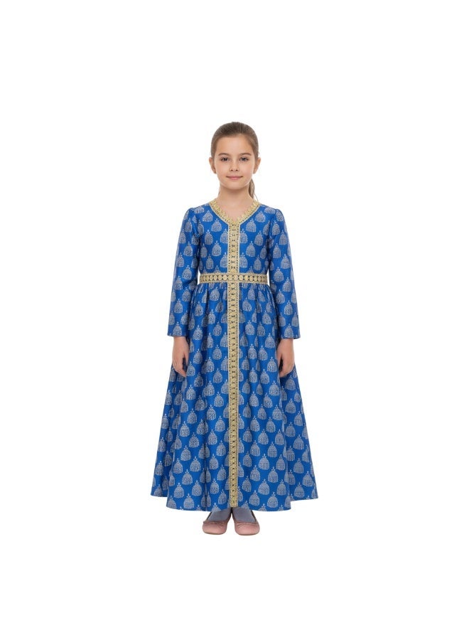 D'Daniela D' Daniela - Noor Embroidered Blue Jalabiya Abaya with Tie-Up Belt and  Sleeves -for Girl - Image 1