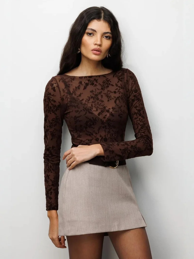 MixRay Coffee Brown MIXRAY Floral Boat Neck Blouse with Elastic Detail for Women | Best Price UAE
