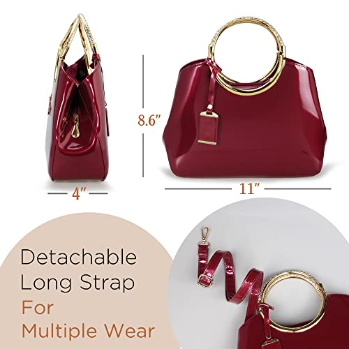 HOXIS Charm Glossy Metal Grip Structured Shoulder Handbag Top Handle Patent Leather Handbags for Women (Red) - Image 3