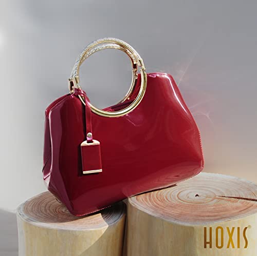 HOXIS Charm Glossy Metal Grip Structured Shoulder Handbag Top Handle Patent Leather Handbags for Women (Red) - Image 2