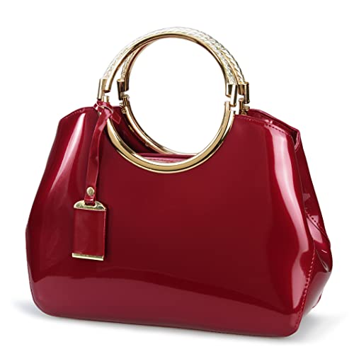 HOXIS Charm Glossy Metal Grip Structured Shoulder Handbag Top Handle Patent Leather Handbags for Women (Red) - Image 1